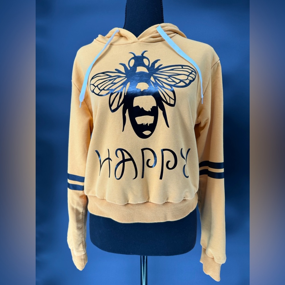 #114- New Custom Design “Bee Happy” Hoodie Sweatshirt Size M 🐝